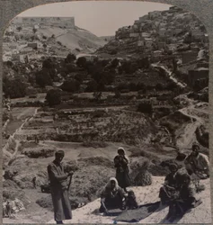 Tresking på taket, med utsikt over dalen Kedron, c1900
