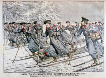 Transport av syke og sårede russiske tropper på ski, russisk-japansk krig, 1904
