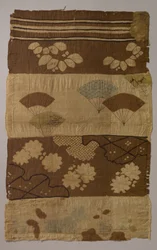 Tsujigahana-tekstil med horisontale striper, blomstrende planter, vifter, snøflak..., ca. sent på 1600-tallet