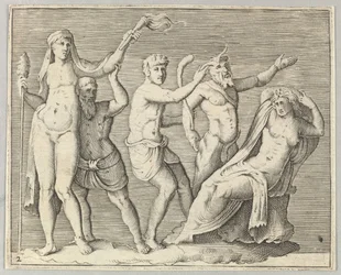 To figurer, en faun og en satyr nærmer seg en liggende kvinne, utgitt ca. 1599-1622.