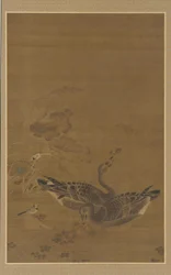 To gjess som fôres i en lotusdam, Ming-dynastiet, 1500-1600-tallet.