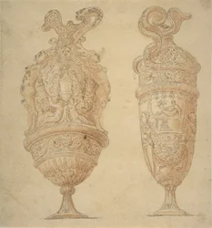 To urner dekorert med menneskefigurer, dyr og kranser., n.d..
