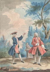 To dansende mannsfigurer i et landskap, 1700-tallet.