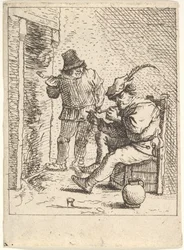 To mannlige bønder holder rør foran et ildsted, den ene sitter med røret holdt..., Etter 1625-90.