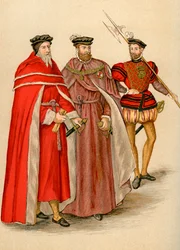 To jevnaldrende i kappene sine, og en helleberdier, 1500-tallet 1893