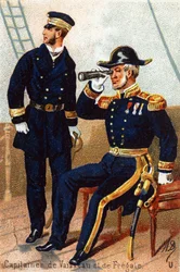 U: Kapteinskip og fregatt. Gravering i "Militæralfabetet". Illustratorens initialer: A. D. Ukjent utgiver. Kromolitografier sent på 1800-tallet. Mål: 10,5x7 cm.