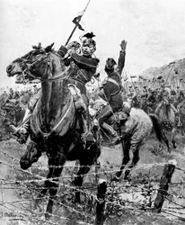 Uhlans sjekket med piggtråd nær Liege, Belgia, første verdenskrig, 1914