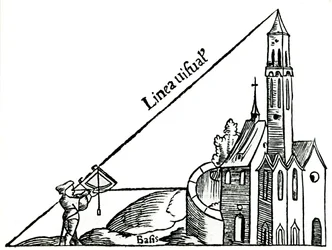 Bruke en kvadrant med et lodd for å beregne høyden på et tårn ved triangulering, 1551
