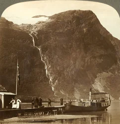 Utigards Falls from Ravnefjeld isbre at Lake Loen - from Naesdal, Norway, c1905.
