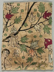 Fløyelsfragment, Khusrau ser Shirin bading, 1550-99.