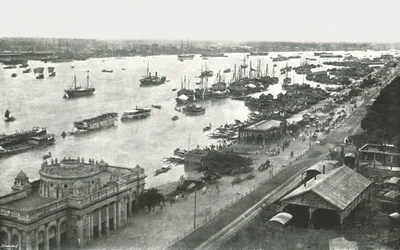 Utsikt fra Hooghly Bridge, Calcutta, India, 1895.
