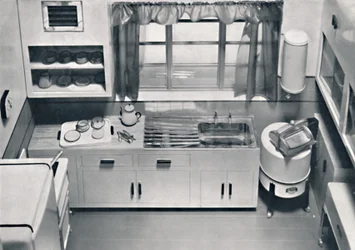 Utsikt over et kjøkken, designet av H.M.V. Husholdningsapparater, 1938