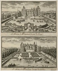 Utsikt over Château de Maintenon fra inngangen og fra hagen, 1600-tallet.