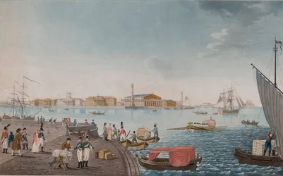 Utsikt over elven Neva og børsen i St. Petersburg, tidlig på 1800-tallet