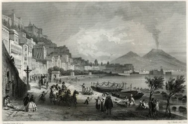 Utsikt over havnen og byen Napoli på 1800-tallet, i boken om Middelhavet av Louis Enault (1824-1900), fransk journalist og reisende.