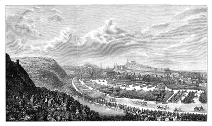 Frivillig anmeldelse i Queens Park, Edinburgh, Skottland, 1860