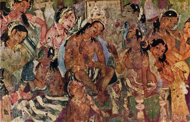 Veggmaleri fra hulene til Ajanta i Raja Mahajanaka, c480