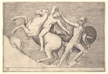 Warrior Pulling a Rider from His Horse, fra Ex Antiquis Camus et Ge..., publisert ca. 1599-1622.