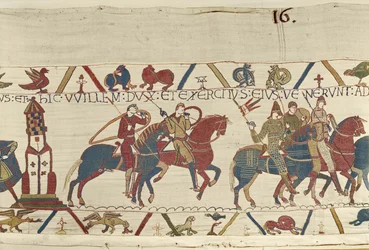 William leder hæren sin mot hertug Conan av Bretagne, Bayeux Tapestry (ullbroderi på lin)