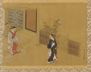 Kvinne på verandatrappen, en annen i hagen, Edo-perioden, 1700-tallet.