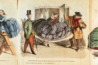 Kvinne som strever med å komme inn i en drosje, c1860