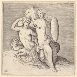 Woman with Shield Seated on Seamonster, publisert ca. 1599-1622.
