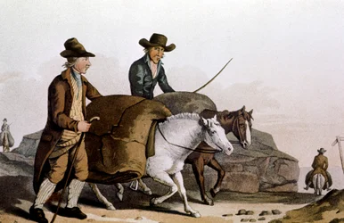 Ullhandler tar med seg "tøystykker" til Cloth Hall i Leeds for salg, 1814