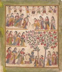 Yashoda Binds Krishnas Hands: Page from a Dispersed Bhagavata Purana Manuscript, 1640-50.
