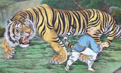 Zen koan-maleri som viser munk og tiger, Seoul, Coree du Sud