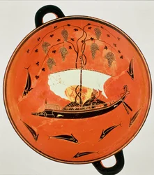 Svartfigur kylix, sett fra innsiden som viser Dionysos i en båt med en vinranke, Exekias, Sirenemaler, 600-tallet f.Kr.