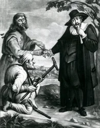 Blind saksøker, halt saksøkte andel, De vennlige lovene upartisk omsorg, Et skall for ham et skall for deg, Midten i advokathonoraret ca. 1700-40 (mezzotint)