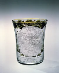 Blåst, beiset og emaljert beger dekorert av Samuel Mohn, 1813-14