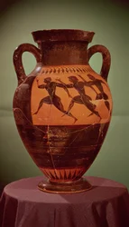 Gresk svart-figur amfora som viser løpere i et løp, 600-550 f.Kr.