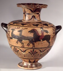 Hydria, jaktscene, arkaisk gresk, svartfiguret etruskisk-jonisk periode, ca. 540-530 f.Kr. (keramikk)