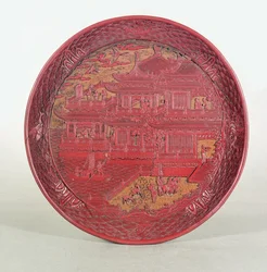 Lakkfat, utskåret, som viser `Orchid Pavilion of Prince Tang, 1489