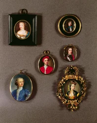 Miniatyrer fra LtoR, TtoB: Frances Teresa Stuart, hertuginne av Richmond og Lennox (for detaljer se 97685) av Jean Petitot (1607-91); Selvportrett av Jean Petitot (1607-91); Charles Fitzroy, 2. hertug o