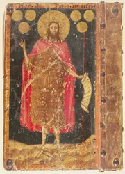 St. Johannes døperen med gullfloriner, fra omslaget til Constitutions and Statutes of the Guild of Coiners, ca. 1380