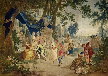 Landsbyen Fete etter D.Teniers, vevd av LeClerc og J.van der Borg, sent på 1600-tallet, landskapssetting sannsynligvis designet av Lucas Achtschelling