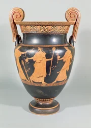Volute krater, dionysisk scene som viser rituell demontering av et vilt dyr, loft, 450-425 f.Kr.