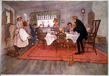 En julemiddag i England, illustrasjon av Will Owen, sent på 1800-tallet