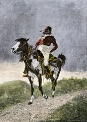 En modig comanche, som reiser til hest i de sørlige præriene (Texas, Oklahoma, USA), rundt 1800. Litografi