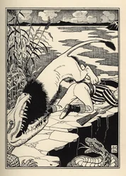 En løve som ville angripe Baron de Munchausen endte opp med en krokodille. Illustrasjon av William Strang (1859-1921) og JB Clark fra "The Adventures of the Baron of Munchausen (Munchhausen) av Rudolf Erich Raspe (1736-1794) (1789)