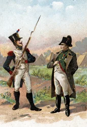 En ung soldat som stopper Napoleon I på veien hans 1805. 1800-tallet (kromolitografi)