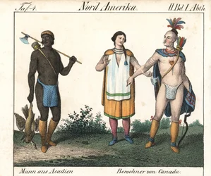 Akadisk mann med tatovert kropp og et par innfødte kanadiske indianere. Litografi for boken: «Galerie complete en tableaux fideles des peuples d#39;Amérique et d#39;Australie» av Friedrich Wilhelm Goedsche (1785–1863), Meissen-utgave (Tyskland)