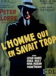 Plakat for filmen Mannen som visste for mye av Alfred Hitchcock med Peter Lorre, 1934
