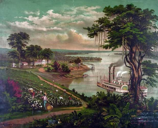 Afroamerikanere plukker bomull på plantasje ved Mississippi, ca. 1883. Plantasjehus til venstre, arbeiderhytter til høyre. Brygge for lasting av bomullsballer, i midten. Hjuldamper Elv Jordbruk Tekstil Landskap USA