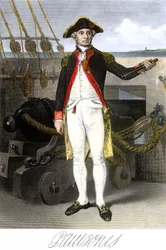 Amerikansk marine: John Paul Jones (1747–1791) sjømann og helt i USAs uavhengighetskrig. Fargegravering med signatur.