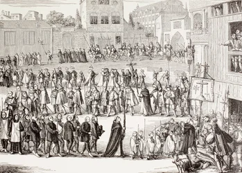 En Auto-da-fe, eller Act of Faith, prosesjon i Spania, etter en gravering fra 1400-tallet, fra 'Militært og religiøst liv i middelalderen' av Paul Lacroix publisert i London rundt 1880