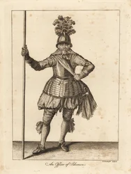 En offiser av Pikemen i militæruniform av hjelm, brynjerustning, sash, knebukser, slange med sverd og gjedde
