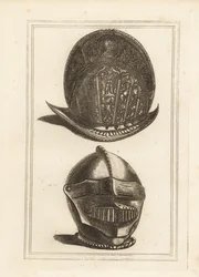Gammel venetiansk morionhjelm utsmykket med militære trofeer, og en burgonet hjelm med enhetlig visir og bever fra Tower of London